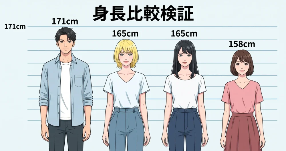 身長165cmの金髪ショートヘアの女優と、共演者(171cm、165cm、158cm)との身長差をわかりやすく検証した図解イラスト。