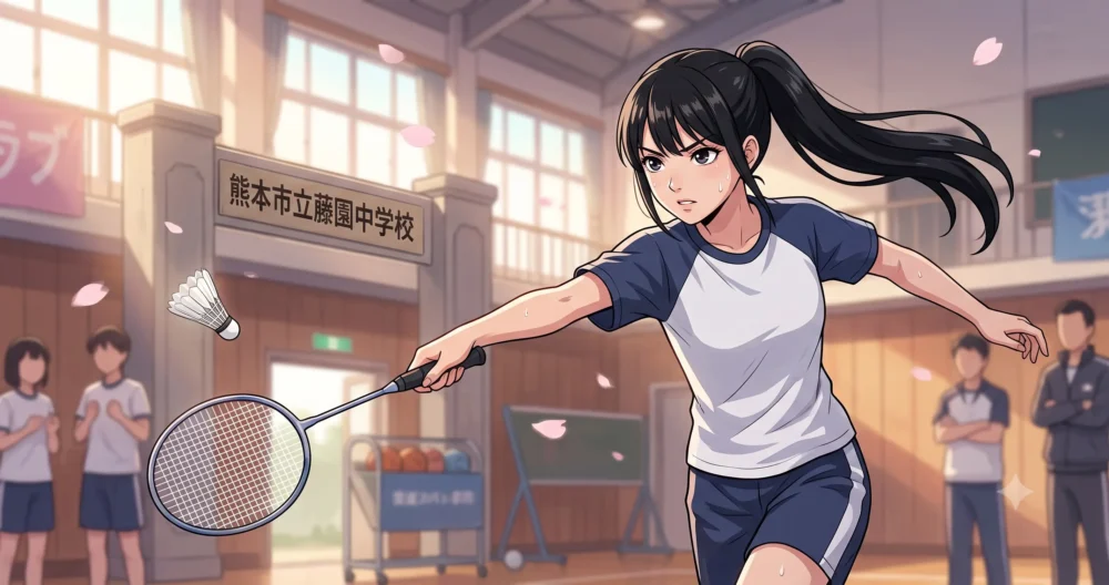 中学校のバドミントン部で、シャトルを真剣な表情で打つ黒髪の女子生徒のイラスト