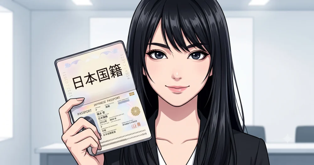 日本国籍のパスポートを持つ、黒髪で目力の強い日本人女優のイラスト
