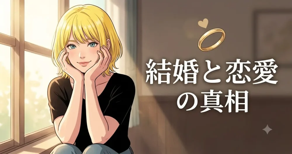 自身の結婚観や恋愛事情について、お茶目でミステリアスな表情を浮かべる女性のイラスト。