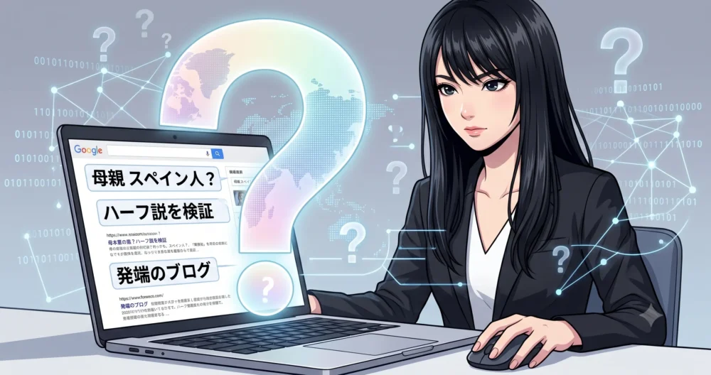 ネット上の噂を検証するイラスト、パソコン画面に映る「母親スペイン人説」の検索結果