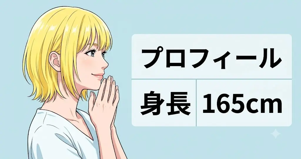 身長165cm、1996年生まれの日本人女優の基本プロフィールをまとめた、透明感のあるイラスト。