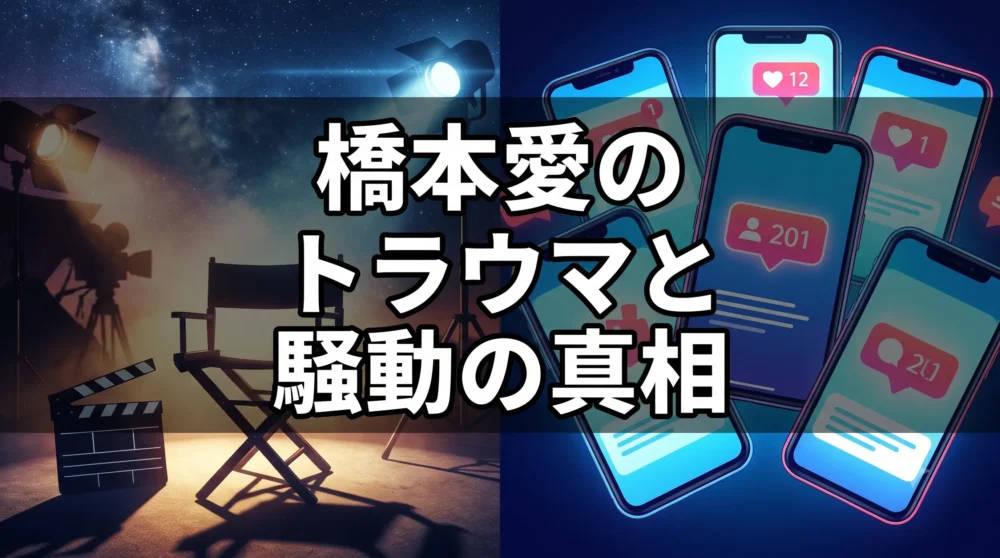 「橋本愛のトラウマとは？佐藤二朗との騒動の真相」というタイトル文字が中央に大きく入った、ドラマ撮影現場とネットの声をモチーフにしたブログアイキャッチ画像。