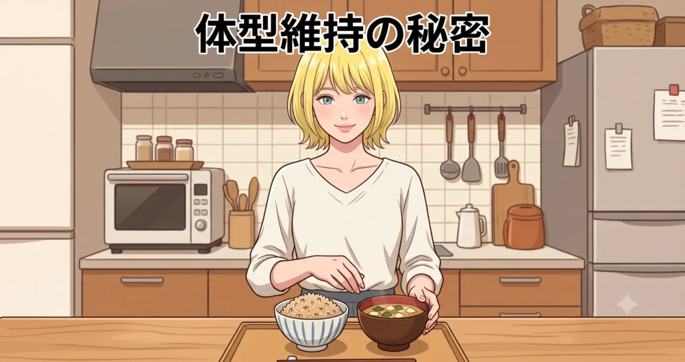 健康的な体型維持のために、玄米や味噌汁などの和食を中心とした健康的な食事を意識する女性のイラスト。