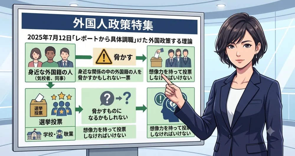 2025年7月の報道特集で外国人政策についてコメントする女性キャスターのイラスト
