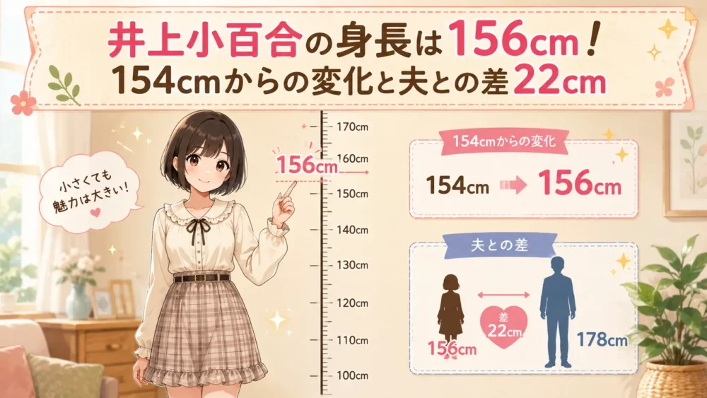 井上小百合の身長156cmの推移と夫・長妻怜央との22cm身長差を解説するアイキャッチ画像