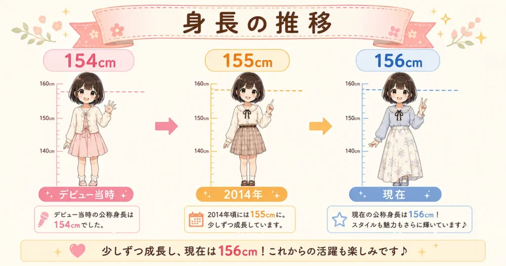 デビュー時の154cmから155cm、156cmへと伸びた井上小百合の身長変化の図解イラスト