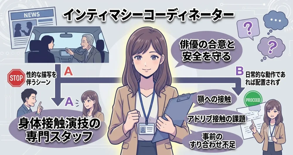 インティマシーコーディネーターという専門スタッフが配置されなかった理由を図解したタイムラインイラスト。