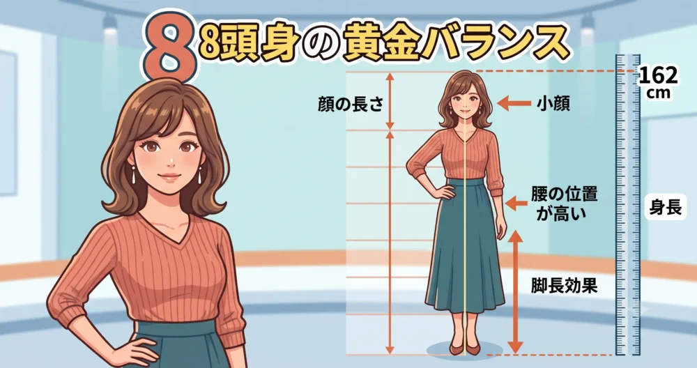 身長162cmの日本人女性アナウンサーが、「8頭身の黄金バランス」を示す図解イラストの隣に自信を持って立っている、教育的な画像。