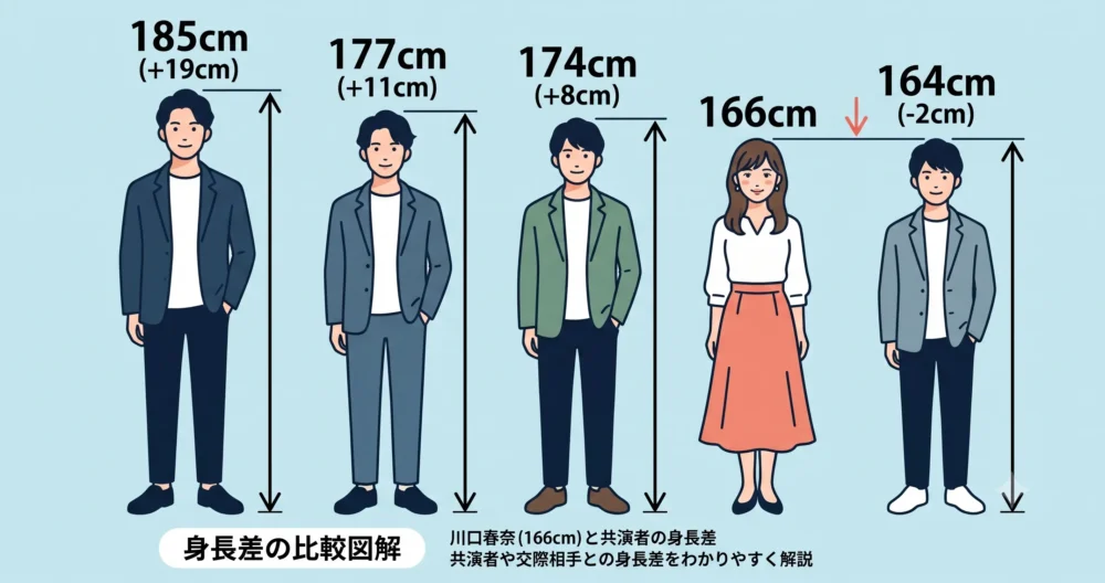 川口春奈(166cm)とドラマの歴代共演者(目黒蓮・松村北斗・横浜流星・山田涼介)との身長差を比較した図解イラスト