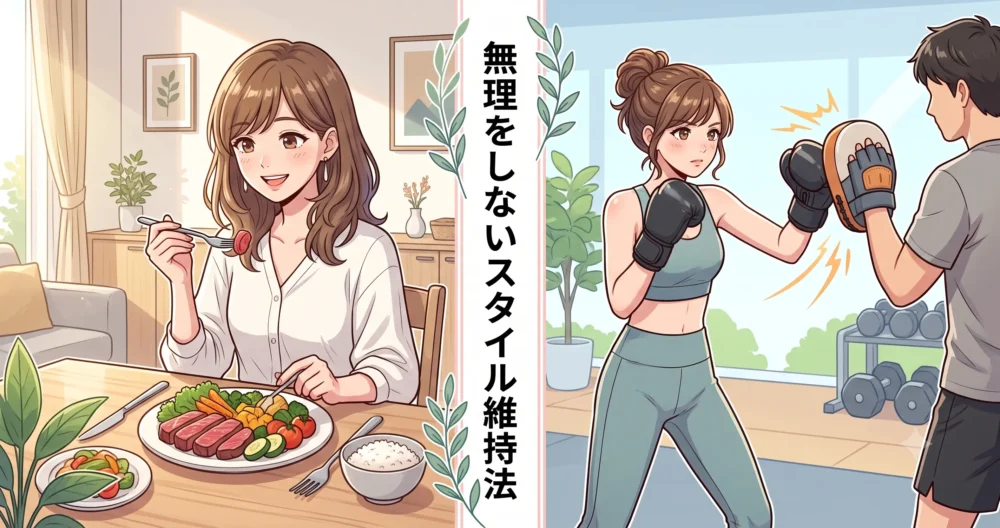 身長166cmの健康的なスタイルを維持するための食事法とキックボクシングを取り入れた運動のイメージイラスト