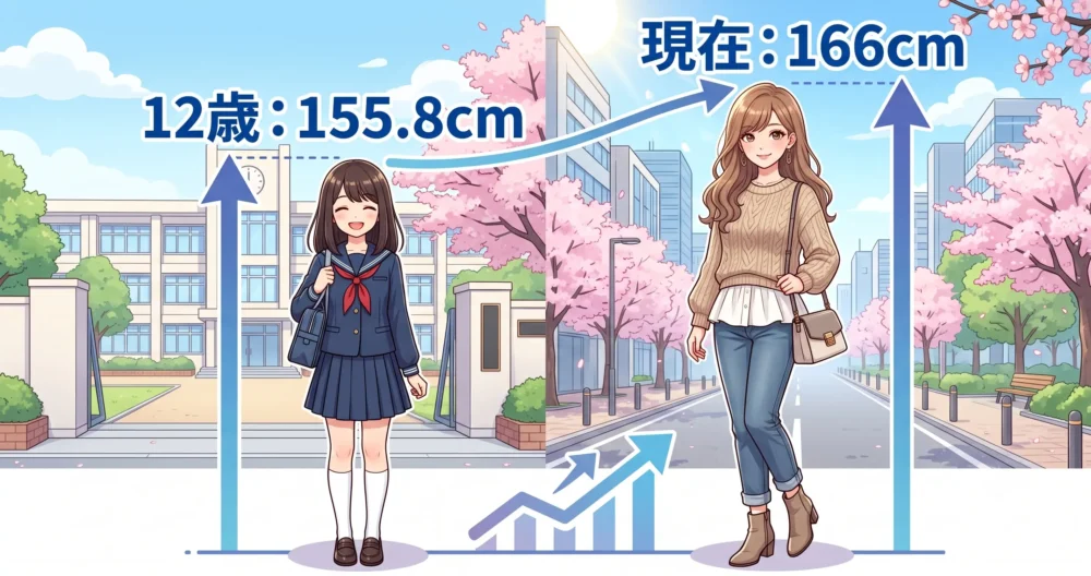 12歳のニコラモデルデビュー時から現在までに10cm以上身長が伸びた成長推移を表す比較イラスト