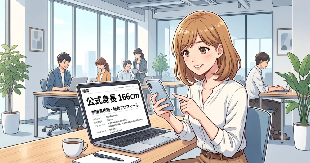 川口春奈の所属事務所の公式プロフィールに記載されている身長166cmの情報を確認するイメージイラスト