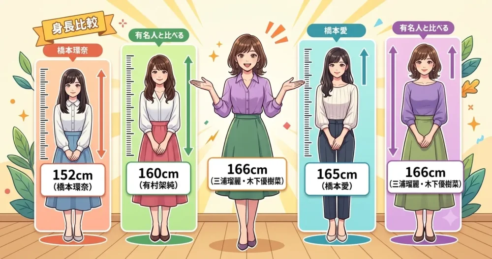 川口春奈と同じ166cmや、165cm(橋本愛)、160cm(有村架純)、152cm(橋本環奈)など同世代有名人の身長を比較した図解イラスト