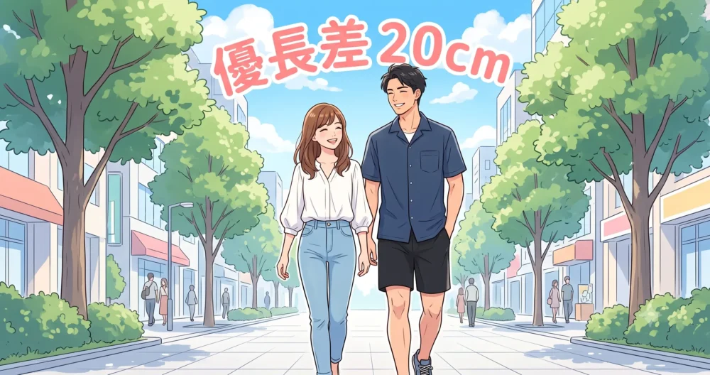 真剣交際が報道された川口春奈(166cm)とサッカー板倉滉選手(186cm)の身長差20cmをイメージしたカップルイラスト(アニメ風)。「身長差 20cm」の日本語テキスト入り。