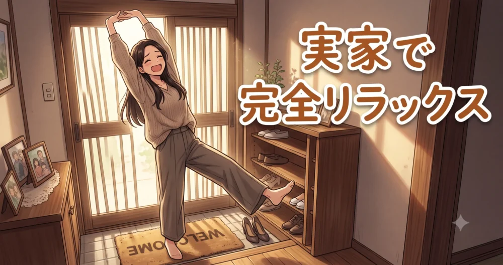 バラエティ番組で明かされた、実家に帰省して素の自分に戻る女性のリラックスしたイラスト