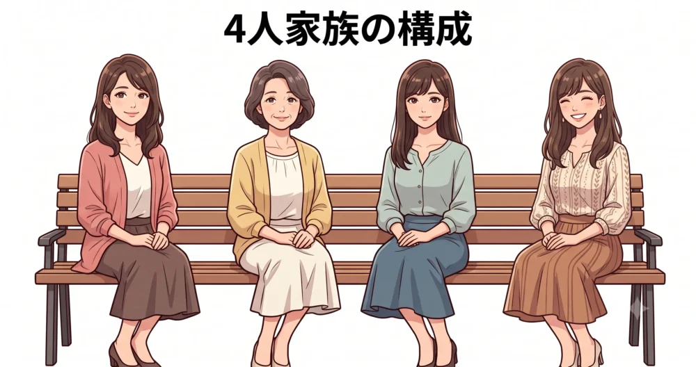 川口春奈の家族構成(母親と三姉妹)を分かりやすく表現したかわいい女性4人のイラスト
