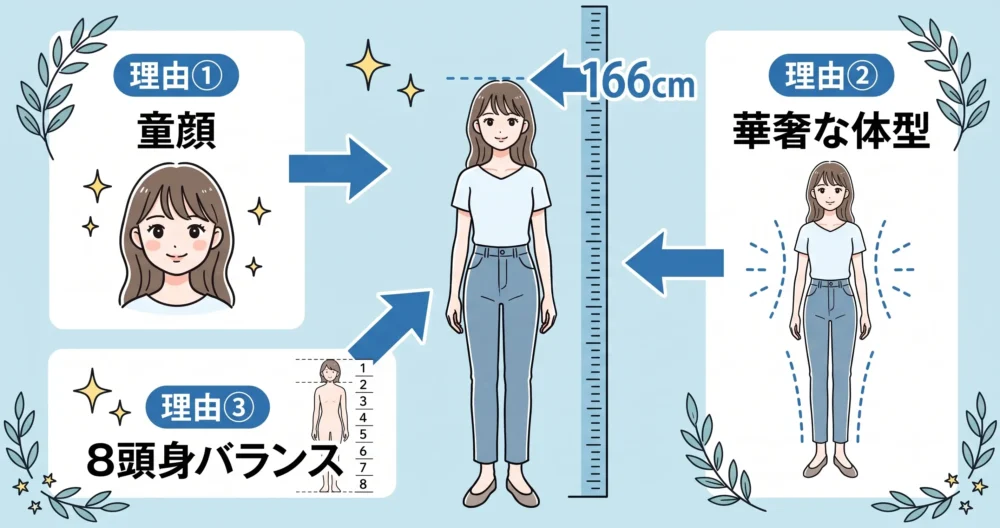 川口春奈の身長166cmがサバ読みではなく実際より低く見える3つの理由(童顔・華奢・8頭身)を解説した図解イラスト