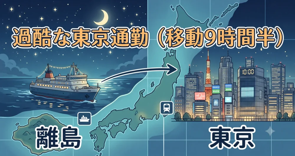 五島列島から東京へ深夜船で移動する過酷な通勤生活を表したイラスト図解