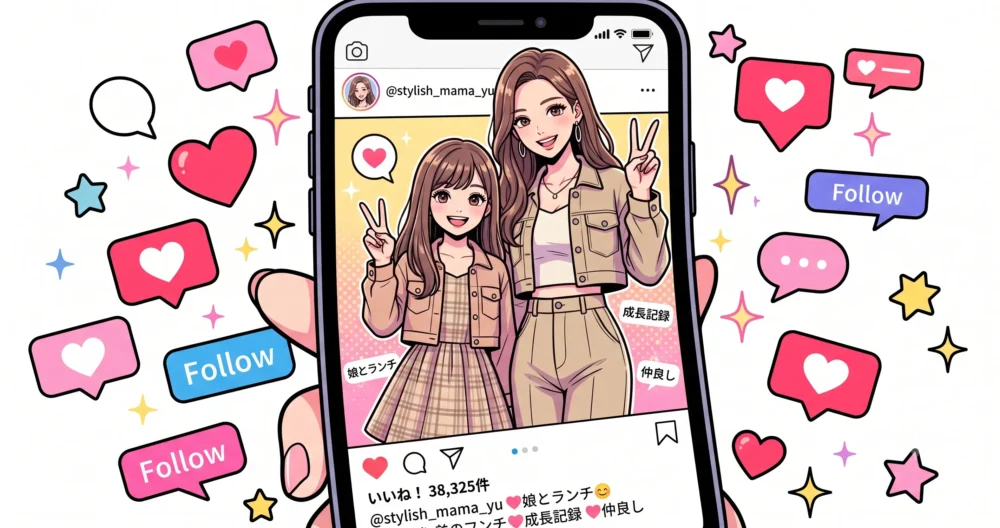 Instagramで話題になった、木下優樹菜と成長期で背が伸びた娘が仲良く並ぶ親子ショットのイラスト