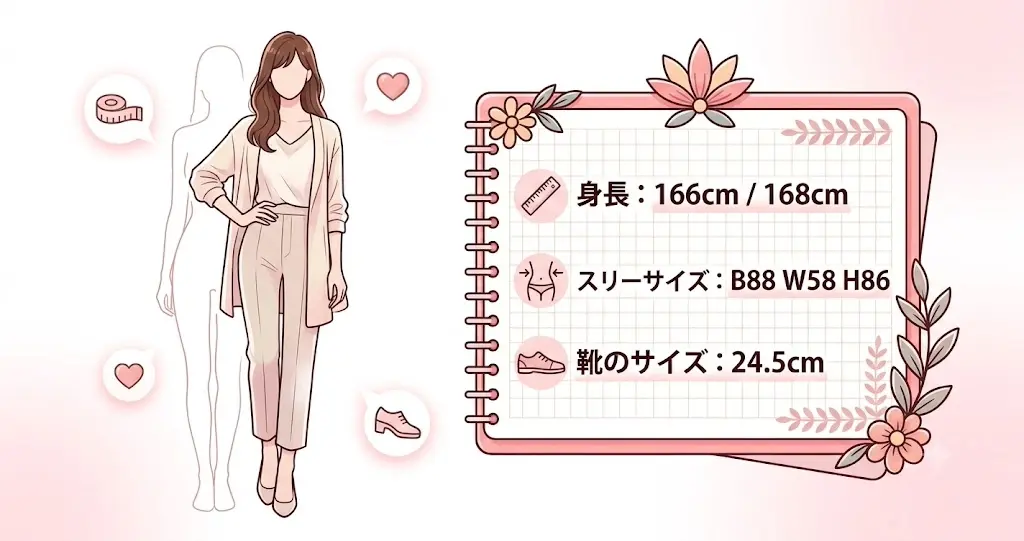 木下優樹菜の身長、スリーサイズ、靴のサイズなどの基本データをまとめたプロフィール風の図解イラスト