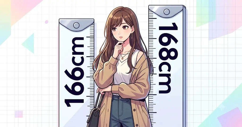 木下優樹菜の身長が166cmか168cmかを検証する、公式プロフィールとモデル時代の数値の比較イラスト