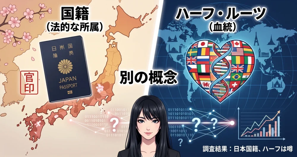 「国籍(法的な所属)」と「ハーフ(血統・ルーツ)」の違いを概念的に説明する比較図解