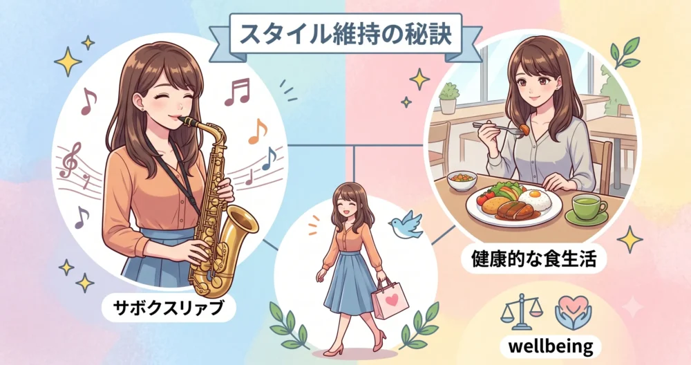 健康的な生活習慣（サックス演奏、趣味の買い物、喫茶店でのリラックス）を表現した健康的な女性のイラスト。