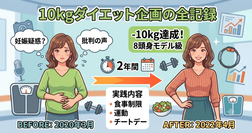 三谷紬アナが2年間で10kg減量したダイエット企画のビフォーアフターイラスト。食事制限、運動、チートデーを組み合わせ、妊娠疑惑を払拭して8頭身モデル級になった全記録。
