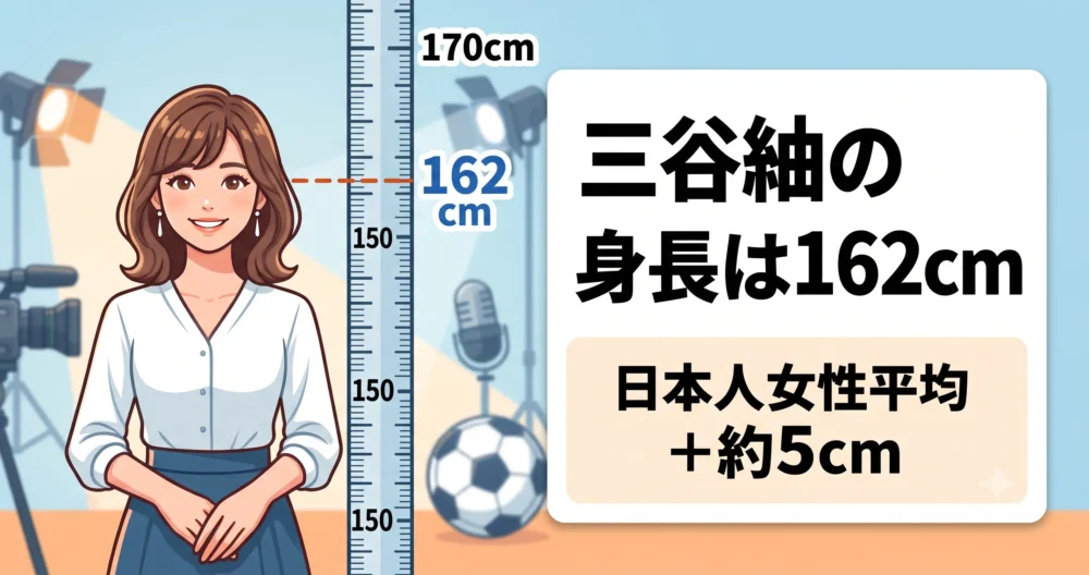 三谷紬アナウンサーの身長162cmを示す、教育的なイラスト。日本人女性の平均身長との比較も入った、クリーンで専門的なデザイン。