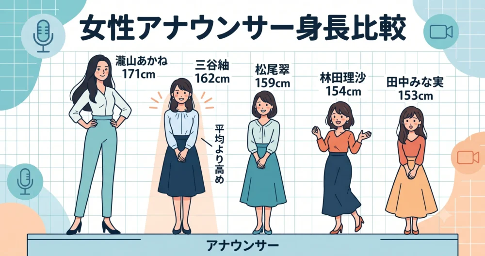 三谷紬アナ（162cm）、瀧山あかね（171cm）、田中みな実（153cm）など、日本人女性アナウンサー5人の身長比較図解イラスト。三谷アナは「平均より高め」とラベルされている。