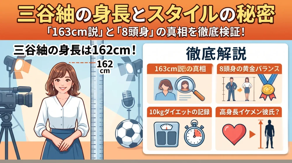 三谷紬アナウンサーの身長は162cm！163cm説の真相と、8頭身のスタイル、10kgダイエットの全記録を解説するアイキャッチ画像。