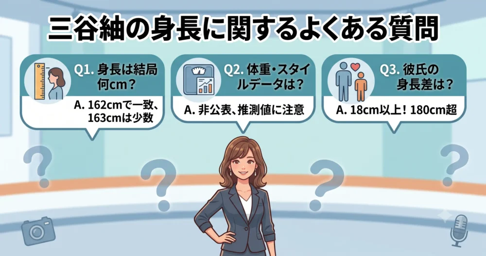 三谷紬アナウンサーの身長に関するよくある質問（FAQ）を、クリーンで教育的なイラスト図解。162cm説、体重・スタイルの非公表、彼氏との身長差（18cm以上）のQ&A。