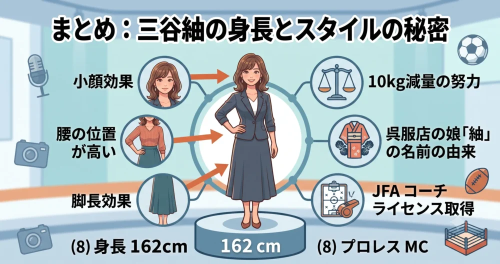 三谷紬アナウンサーの身長とスタイルの秘密のまとめイラスト。162cm、10kgダイエットの努力、呉服店の娘、「紬」の名前の由来、コーチライセンス、プロレスMCの魅力を再確認。