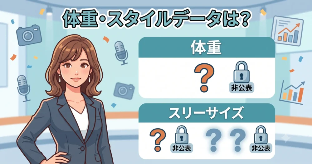 三谷紬アナウンサーの体重、スリーサイズが非公表であることを、クエスチョンマークと「非公表」という日本語テキストで表した教育的なイラスト図解。