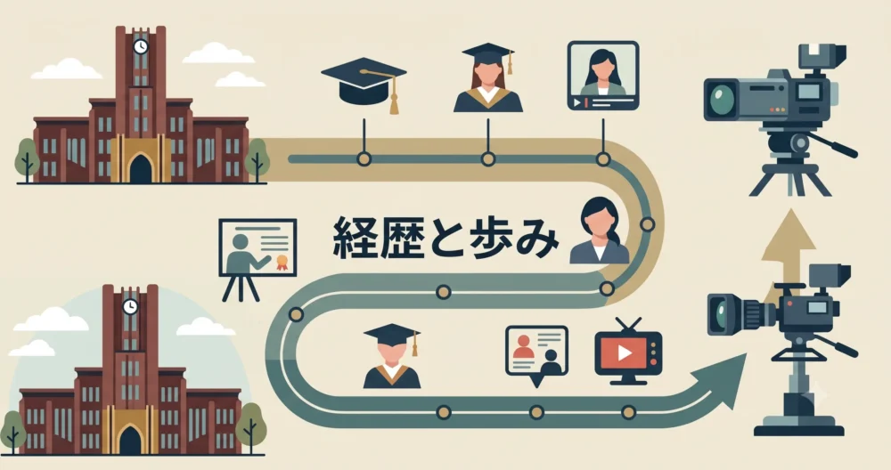 三浦瑠麗さんの大学（東京大学）からメディア出演（テレビカメラ）へのキャリアパスを描いたロードマップ・タイムライン風の図解。日本語テキスト「経歴と歩み」を含む。