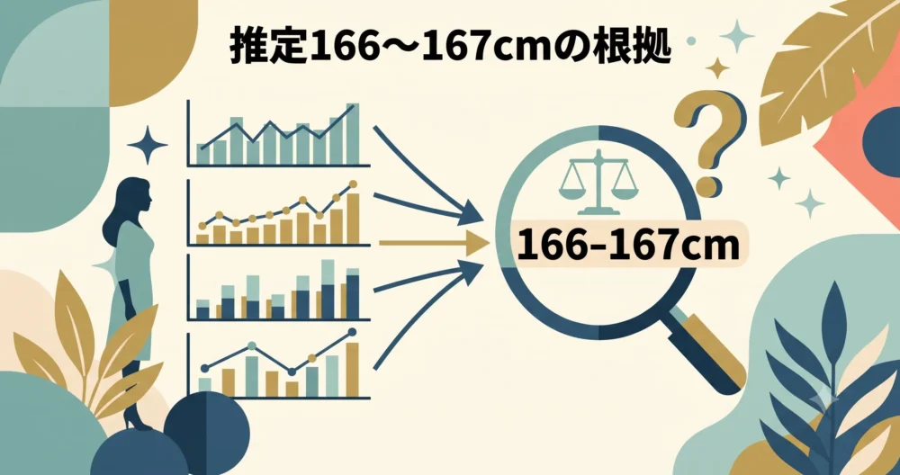 三浦瑠麗さんの推定身長（166〜167cm）の根拠を、複数のデータソース（グラフや棒グラフ）が一点に集約される図解イラストで解説。日本語テキスト「推定166〜167cmの根拠」を含む。