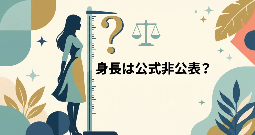 三浦瑠麗さんの身長が公式非公表であることを、身長計の数字が巨大な「？」に置き換わった女性のシルエットイラストで表現。日本語テキスト「身長は公式非公表？」を含む。