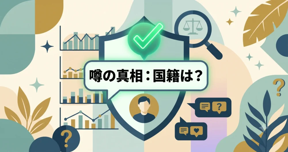 ネット上の噂（国籍の噂）からプロフィールを守る、大きな「Fact Check」スタンプと緑色のチェックマーク（真実 verified）が押されたデジタルシールド。クリアで安全、かつ信頼性の高いイラスト。日本語テキスト「噂の真相：国籍は？」を含む。