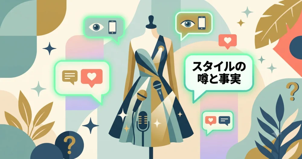 テレビ番組出演用衣装を着たマネキンを囲む、抽象的な吹き出し（メディアの評判、視聴者の感想）を現代的なフラットベクター形式で描いた、洗練されたイラスト。日本語テキスト「スタイルの噂と事実」を含む。