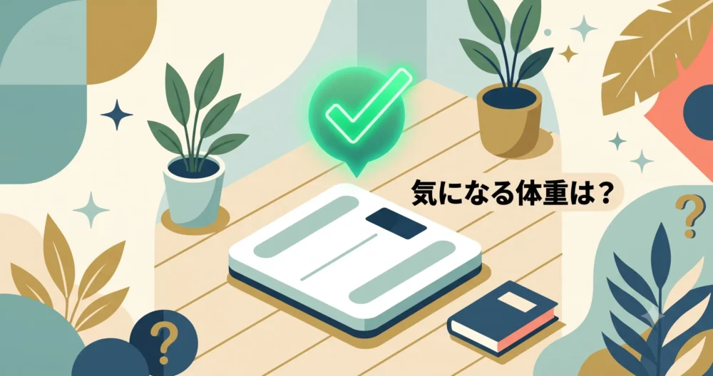 木目調の床に置かれたスタイリッシュな体重計と、その上に浮かぶ緑色のチェックマーク。健康的な体重管理をイメージさせる、ネガティブな要素を排除したクリーンなイラスト。日本語テキスト「気になる体重は？」を含む。