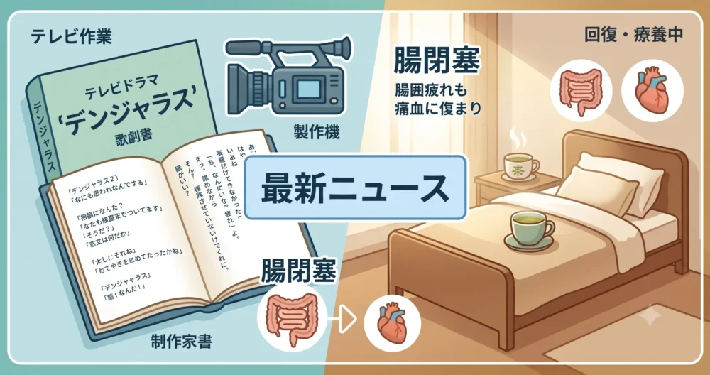 ドラマ「デンジャラス」を腸閉塞のため降板し、現在は回復に向けて療養している様子を伝えるニュース風イラスト