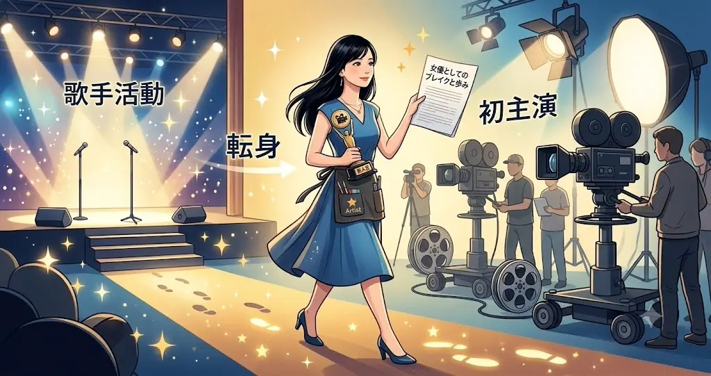 歌手デビューから映画での新人賞受賞など、女優としての華やかな歩みを表すイラスト