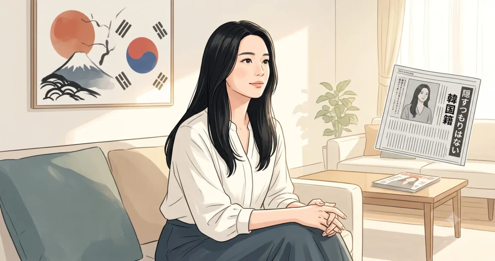 自身のルーツや韓国籍についてインタビューで自然体に語る女性のイメージイラスト