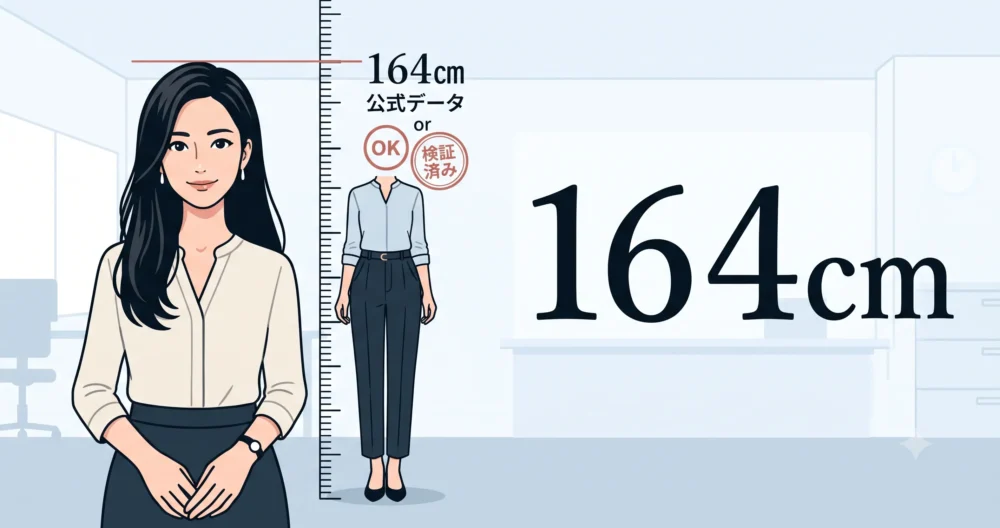 公式データで164cmと証明されている黒髪の日本人女優の身長をイメージしたイラスト