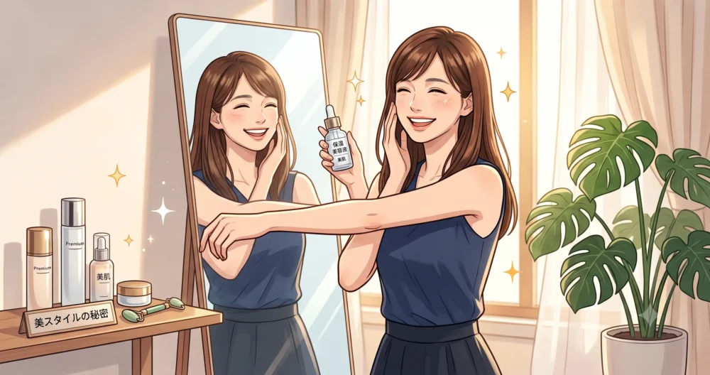 164cmの美しいスタイルと自然体な美容法を意識する大人の女性のライフスタイルイラスト