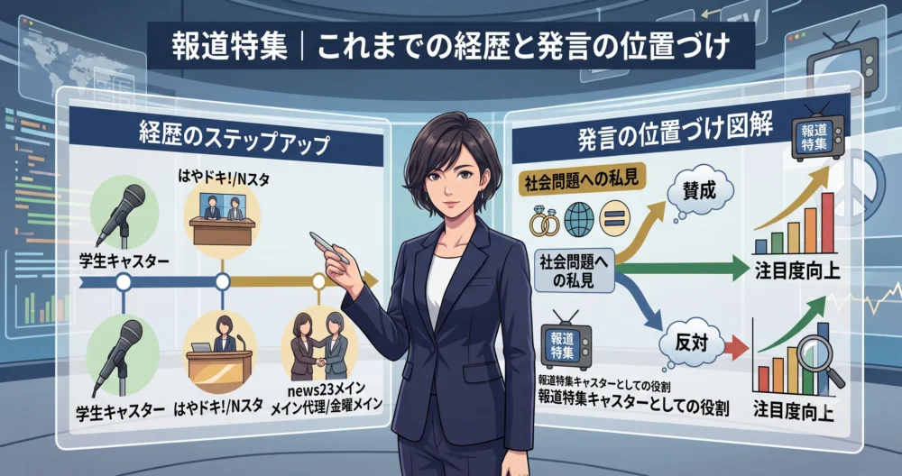 報道番組のキャスターとして社会問題に切り込むアナウンサーの立ち位置を表現したイラスト
