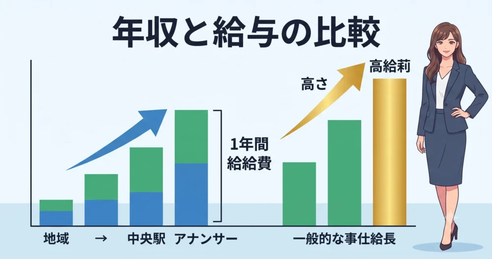 NHKアナウンサーの年代別推定年収のイメージを表す、右肩上がりの成長グラフとビジネスウーマンのイラスト。