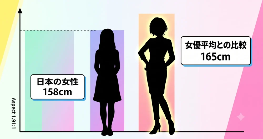 日本人女性の平均身長と165cmの女優グループを比較した図解イラスト
