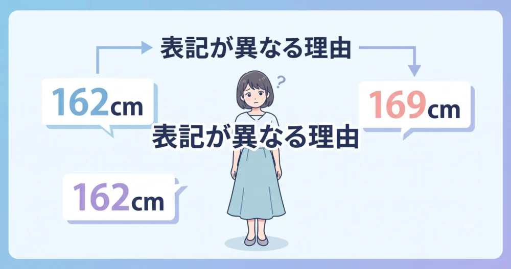 のんの身長表記が162cm・166cm・169cmと複数存在する理由を図解したイラスト